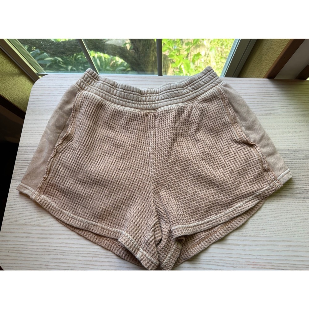 Aerie Waffle Knit Lounge Shorts Tan Beige Elastic Waist Small S/P Boho Casual